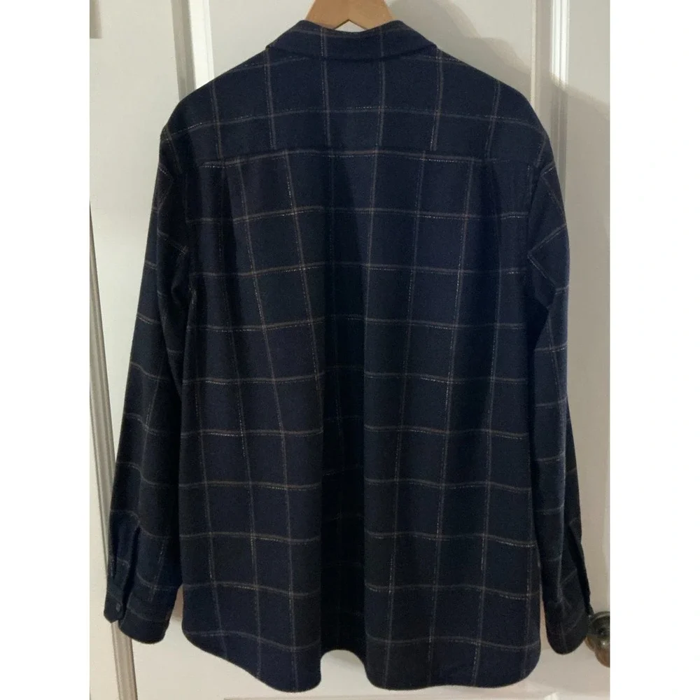 Vince‎ Mens XL Windowpane Wool-Blend Shirt Jacket Shacket Navy Blue/Brown Italy
